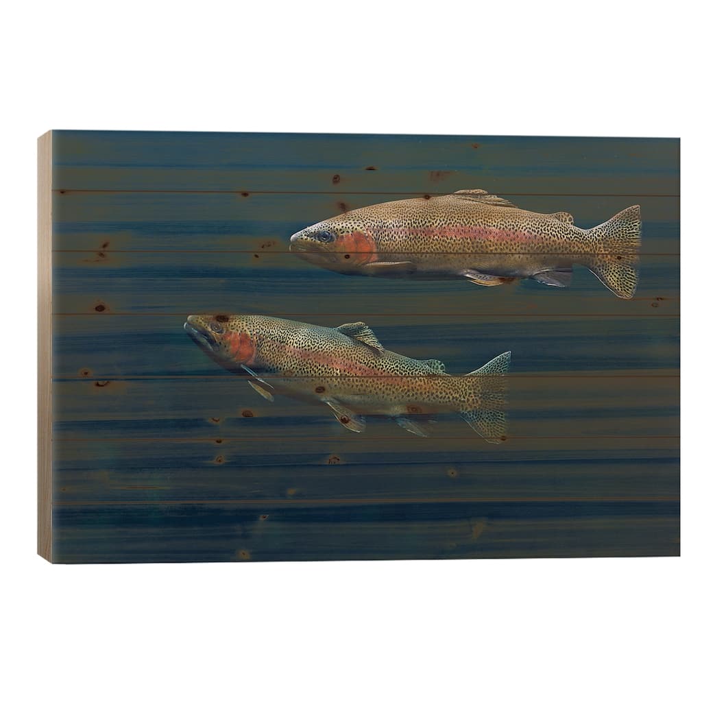 Rainbow Trout Pair Swimming Underwater Print On Wood by Tim Fitzharris - Multi-Color