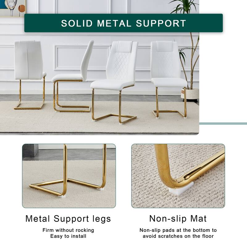 Roomfitters 5pcs Round White Marble Dining Table Set with PU Chairs and Golden Metal Arched Legs, White