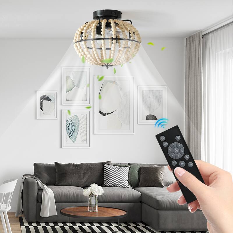 Sofucor 18" Wood Beaded Ceiling Fan with Light & Remote,Flush Mount Chandelier Fan with 6-Speed Reversible Caged Ceiling Fan