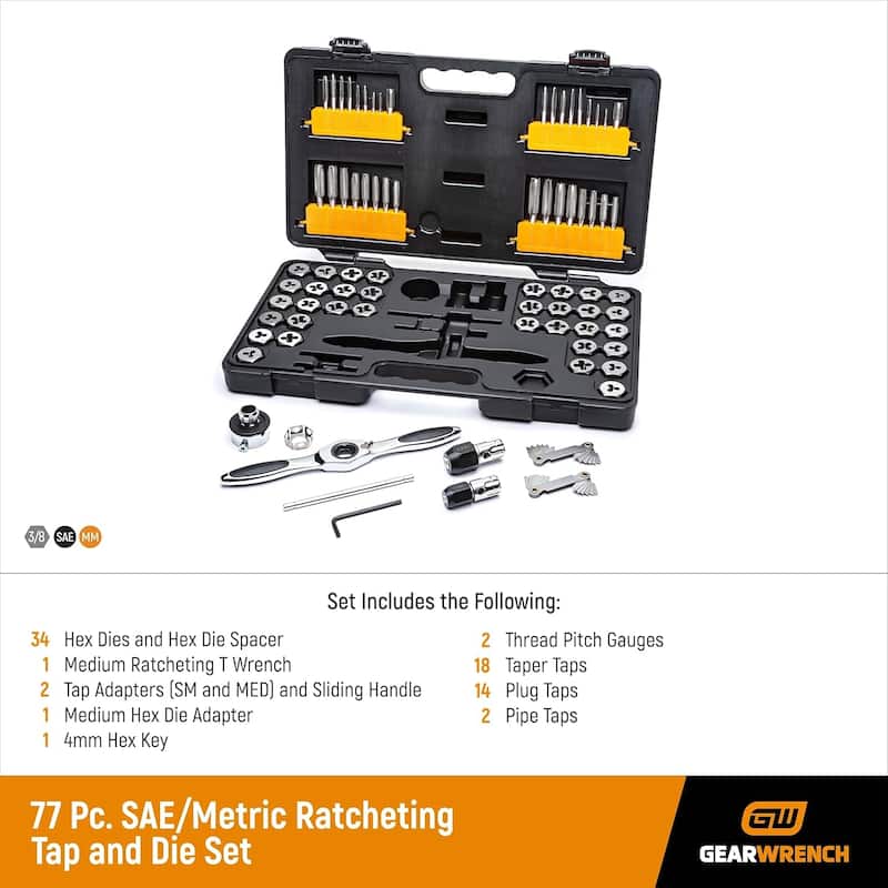 Gearwrench 3887 77 Piece SAE/Metric Ratcheting Tap and Die Set