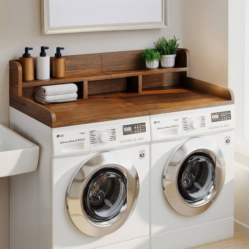 Washer Dryer Countertop, Laundry Wood Shelf Topper with Edge, 54" Width x 27.5" Depth Double Layer Organizer - Walnut
