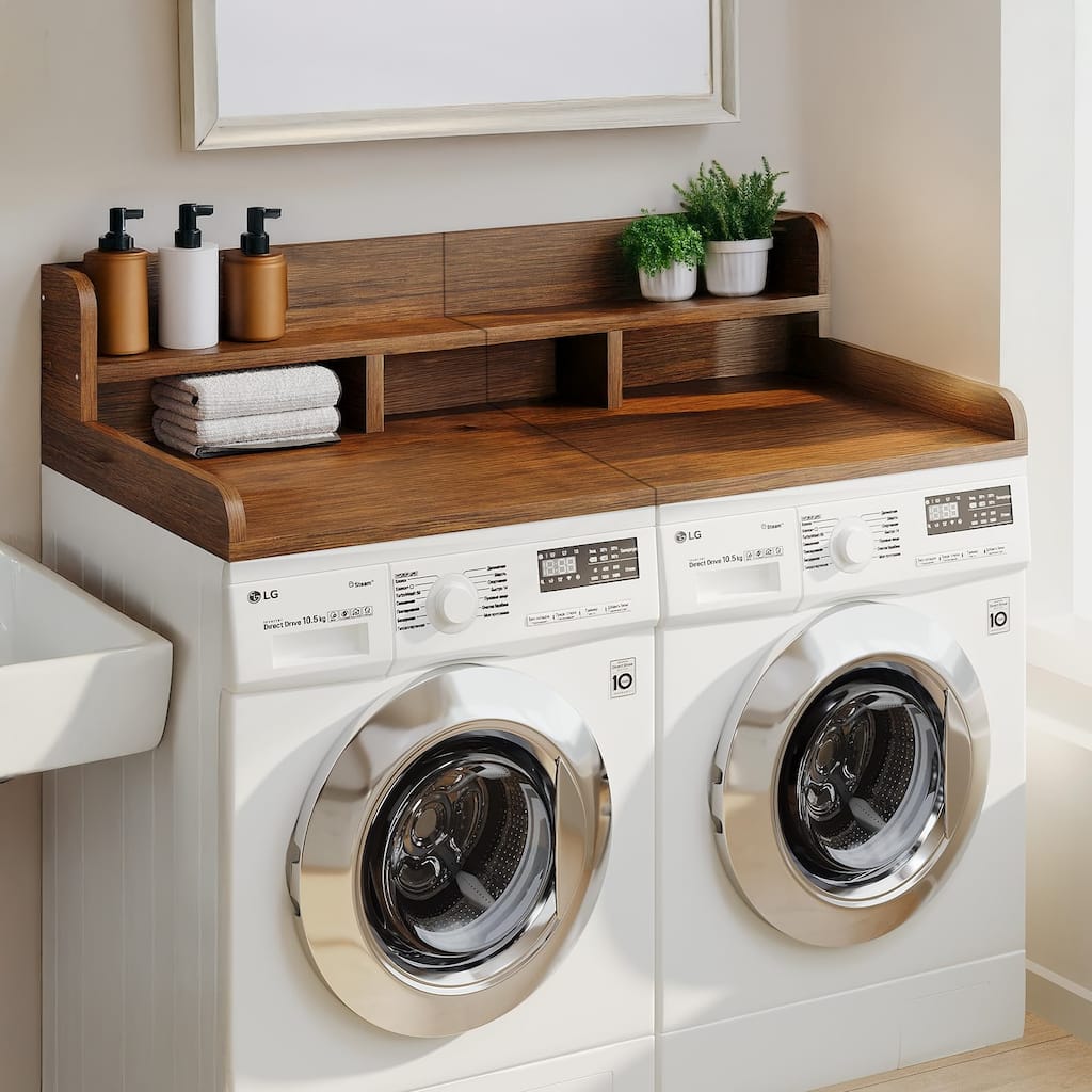 Washer Dryer Countertop with Non-slip Pads, Laundry Wood Shelf Topper with Edge, for Washer and Dryer Laundry Hamper Counter