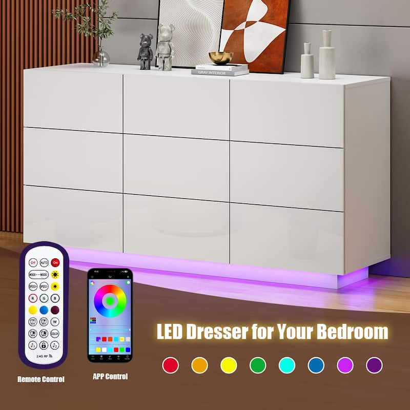 9 Drawers Chest Of Dresser Storage Tower Cabinet Bedroom Organizer with Light - White