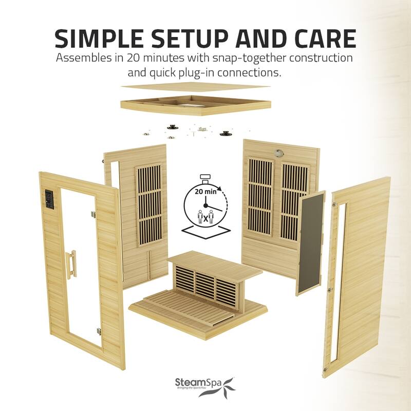 SaunaSpa 2-Person 1.8KW Carbon FAR Infrared Infrared Hemlock Wooden Indoor Home Sauna Room with LED Touch Control Panel