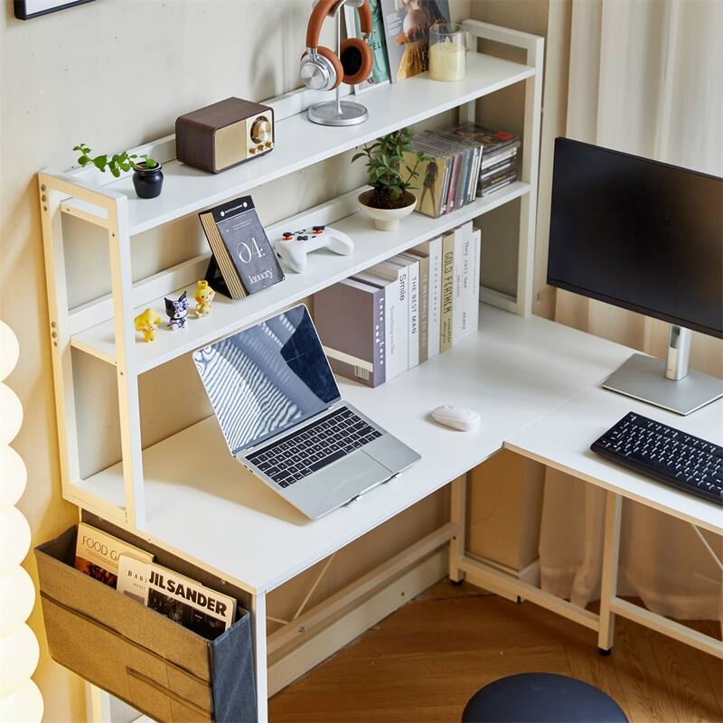 94.5" L Shape Home Office Desk with Storage Shelves and Stool