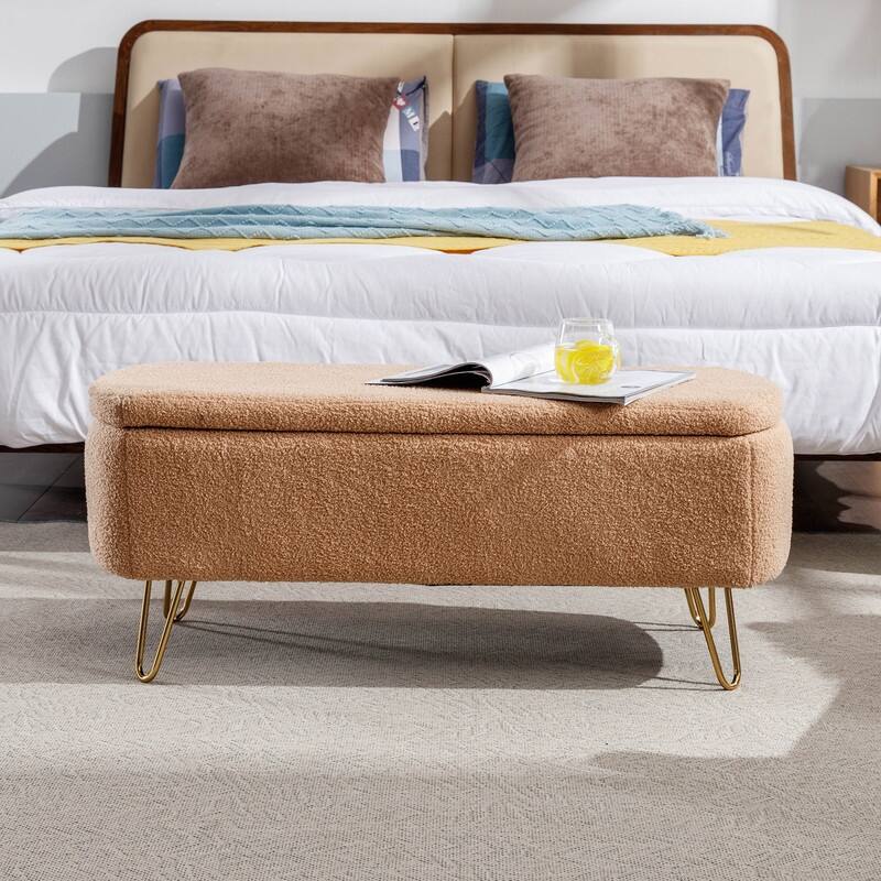 Modern Faux Fur Storage Bench with Gold Legs, Upholstered Ottoman for Living Room and Bedroom