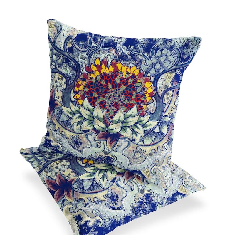 HomeRoots Set of Two 16" X 16" Blue and Yellow Blown Seam Floral Indoor Outdoor Throw Pillow - 16.00' X '16.00' X '5.00