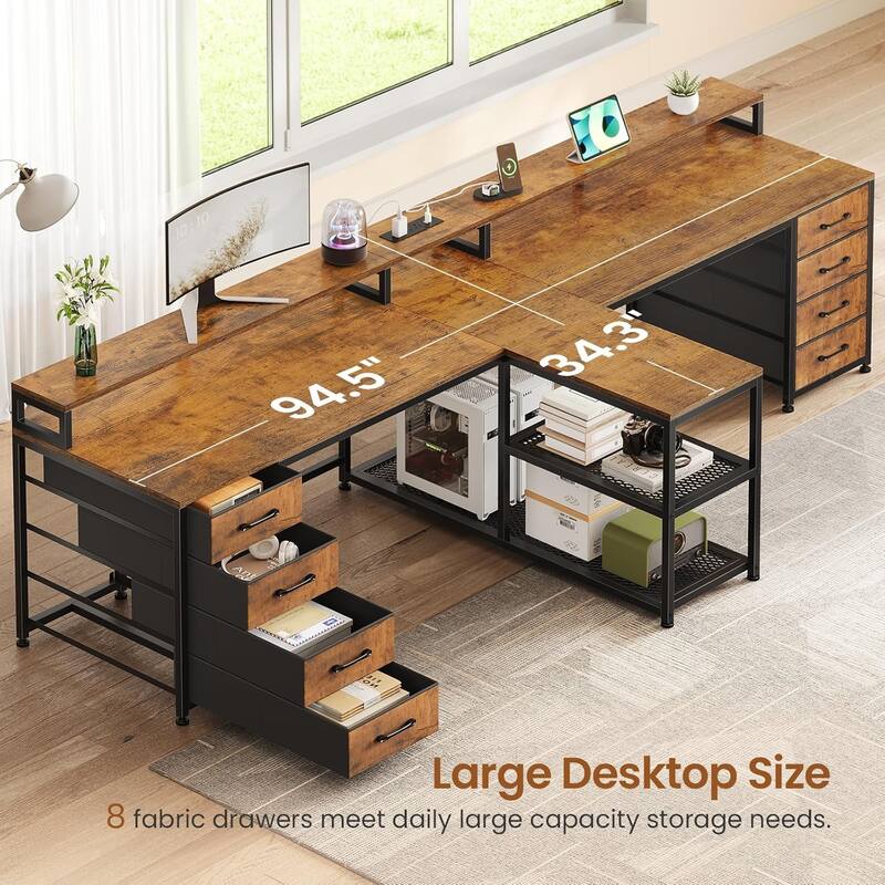 94.5" Two Person Desk with 8 Fabric Drawers Gaming Desk LED Lights