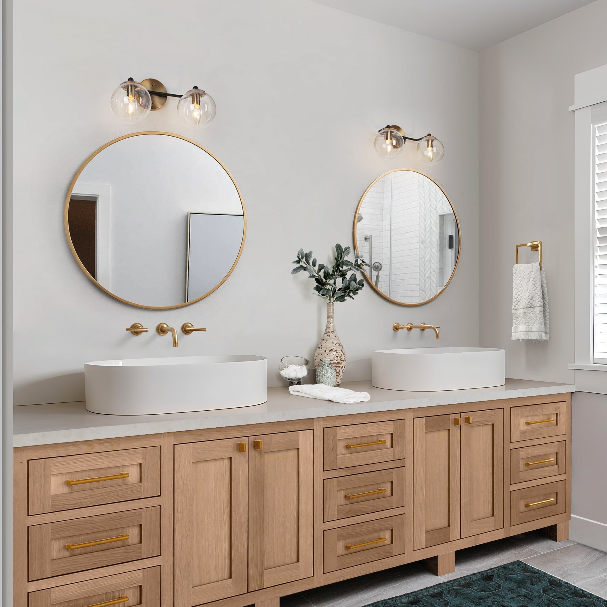 Overstock Modern 2 Light Black Gold Bathroom Vanity Lights Globe Glass Wall Sconces 14.5 L x 7.5 W x 8 H