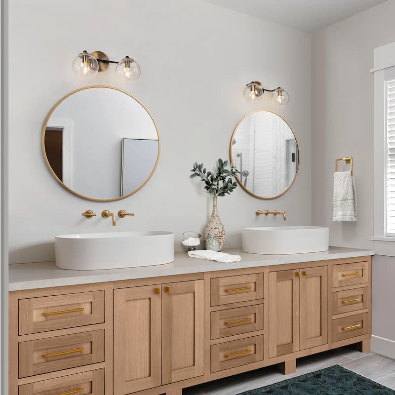 Modern 2-Light Black Gold Bathroom Vanity Lights Over Mirror Dual Globe Seeded Glass Wall Sconces Fixture for Bathroom