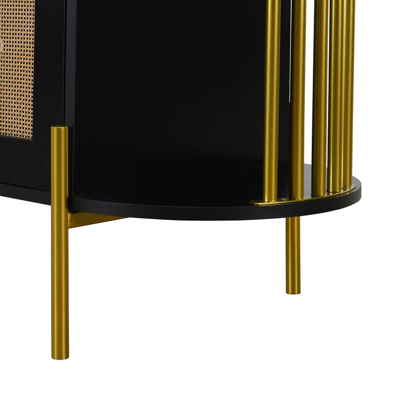 Curved Black Sideboard with Woven Rattan Doors and Open Storage