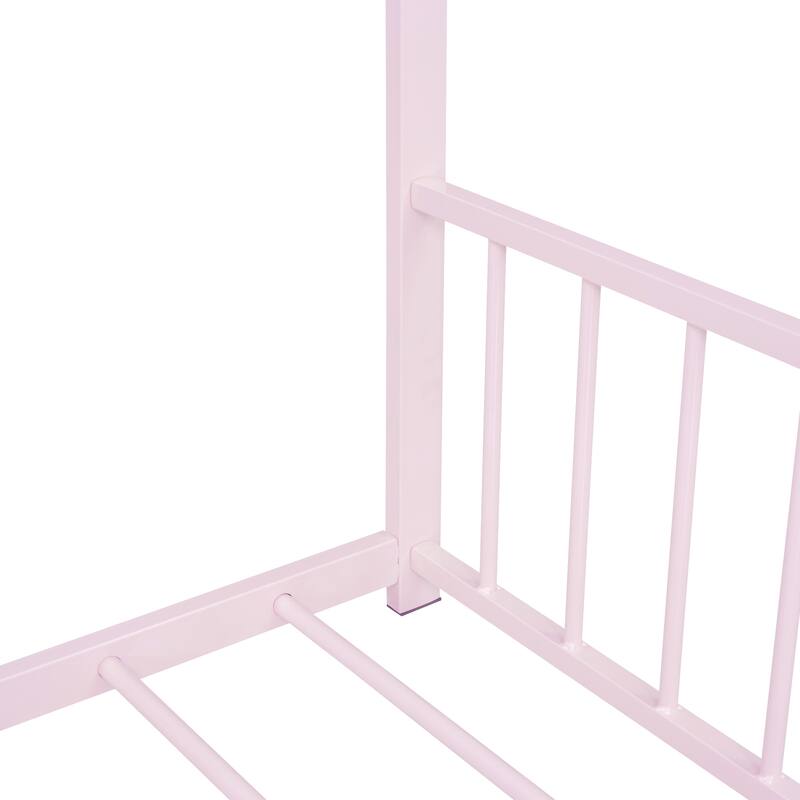 Full Size Metal House Bed with Roof, Playhouse Design, Sturdy Frame, No Box Spring Needed