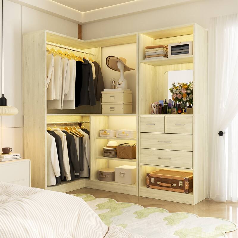 Cimly Set of 2 Corner Closet System with Drawers, Closet Organizer with Hanging Rods and Storage Shelves - Washed Oak