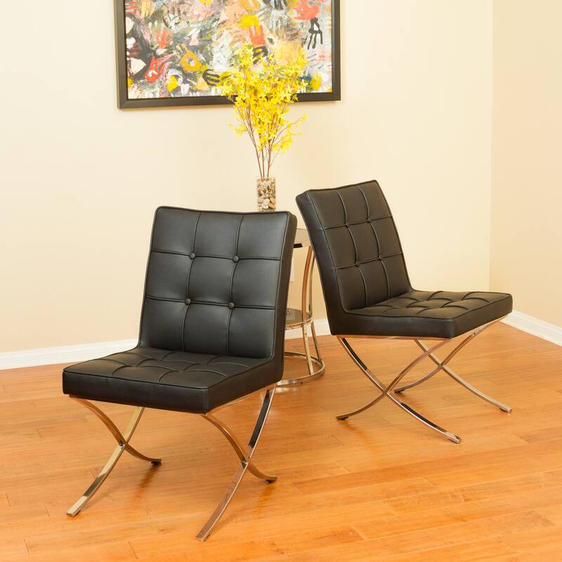Milania Modern Button Tufted Leather Dining Chairs (Set of 2) by Christopher Knight Home - Set of 2 - Black - Short