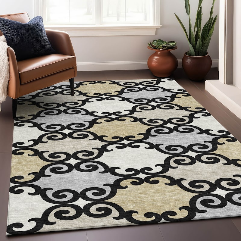 Machine Washable Indoor/ Outdoor Chantille Traditional Scroll Rug