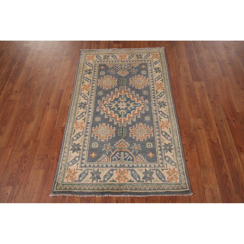Geometric Kazak Accent Rug Hand-Knotted Grey Wool Carpet - 2'7" x 4'2"