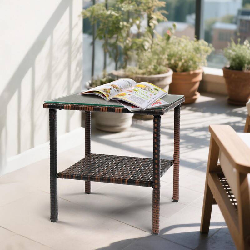 Square Outdoor Tea End Table Wicker Rattan Steel Frame with Tempered Glass Patio Balcony Garden - 17.52" L x 17.52" W x 18.5" H