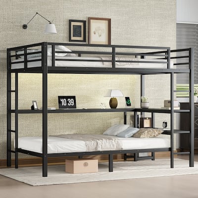 FULL Over Twin Bunk Bed with Desk and Shelves, Multiple Placement, with LED and USB