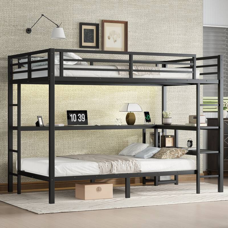 Full Over Twin Bunk Bed with Desk, Shelves, LED, and USB, Black - Black