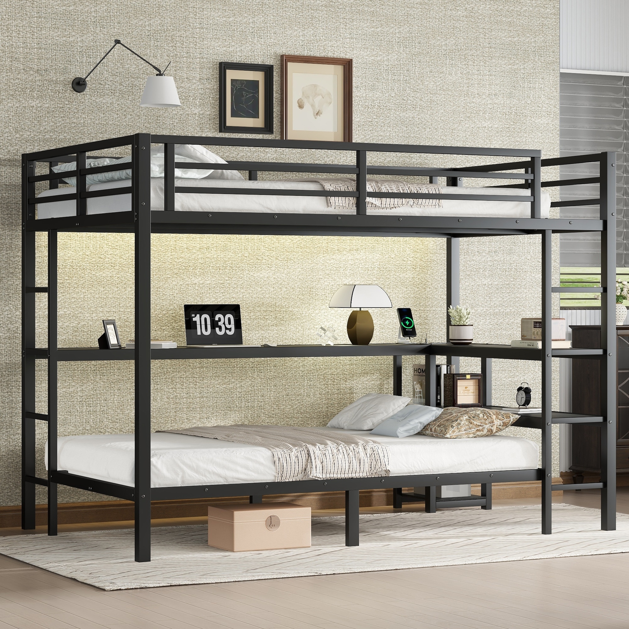 Full over Twin Metal Bunk Bed w/ Desk, LED & USB Charging