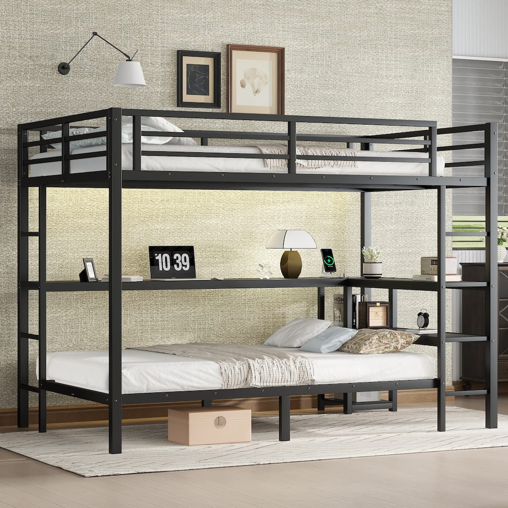 Full-over-Twin Metal Bunk Bed with Desk, LED Lighting and USB Charging