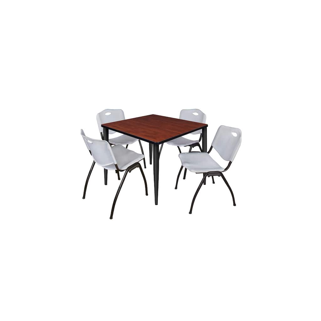 36 in. Square Breakroom Table- Cherry Top, Black Base & 4 M Stack Chairs- Grey