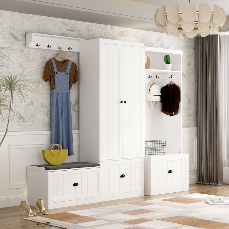 Combo Entryway Hall Trees Storage Bench Closet Organizer Clothes Rack - 86.8"W*17.7"D