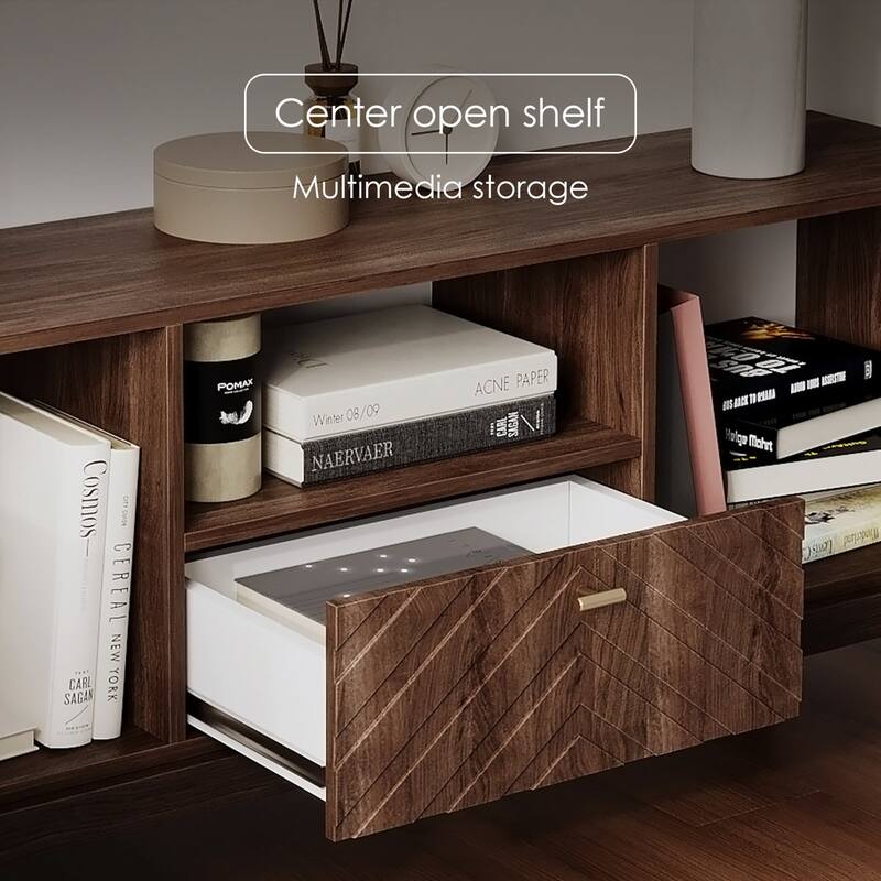 Living Skog Alba Beige TV Stand Console with Drawer Fits TV's up to 65 in. with Wood Legs Mid Century Modern Design