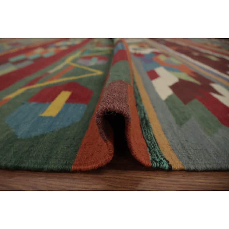 Hand Woven Oriental 100% Wool Carpet Southwestern Tribal Multi-Colored Kilim Area Rug - 13' 2'' X 9' 7''