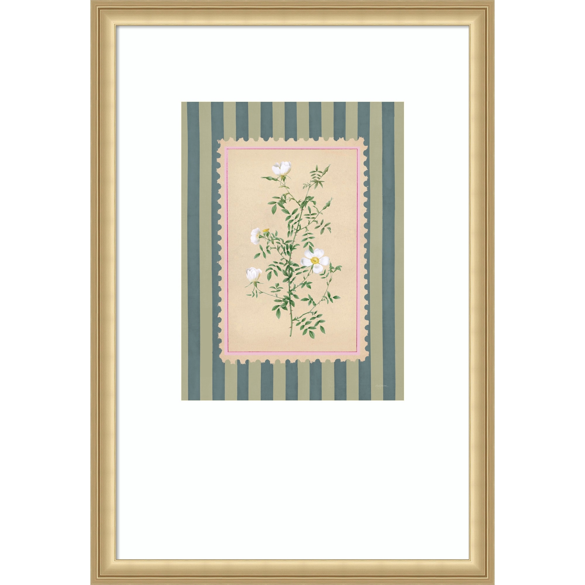 Vintage Striped Flowers III by Mary Urban Wood Framed Wall Art Print