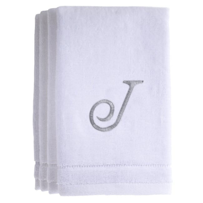 Monogrammed White Fingertip Towel Set of 4 Embroidered with Initial - J