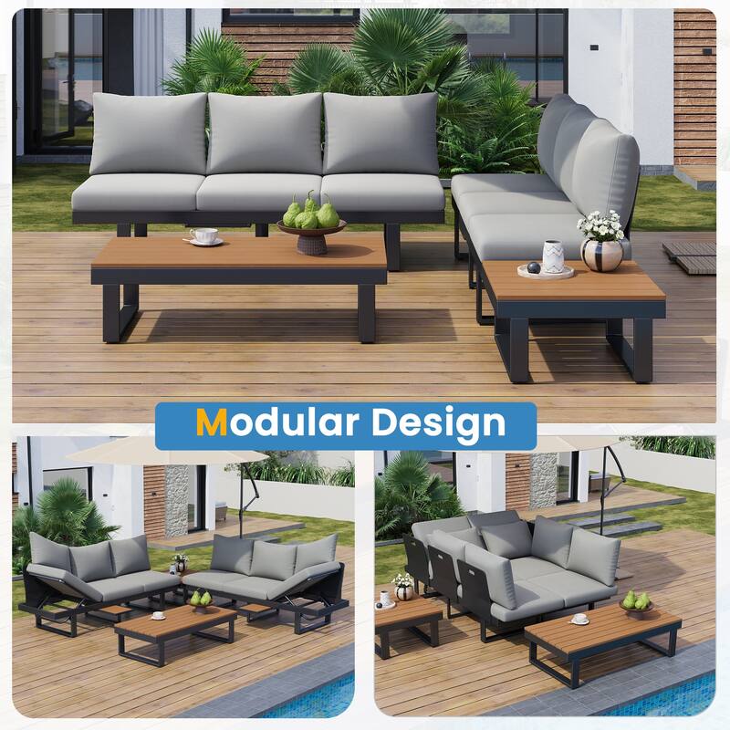 Outdoor Patio Conversation Sofa Set L-shape Sectional Sofa Set with Adjustable Reclining Seats, Coffee Table, Side Table