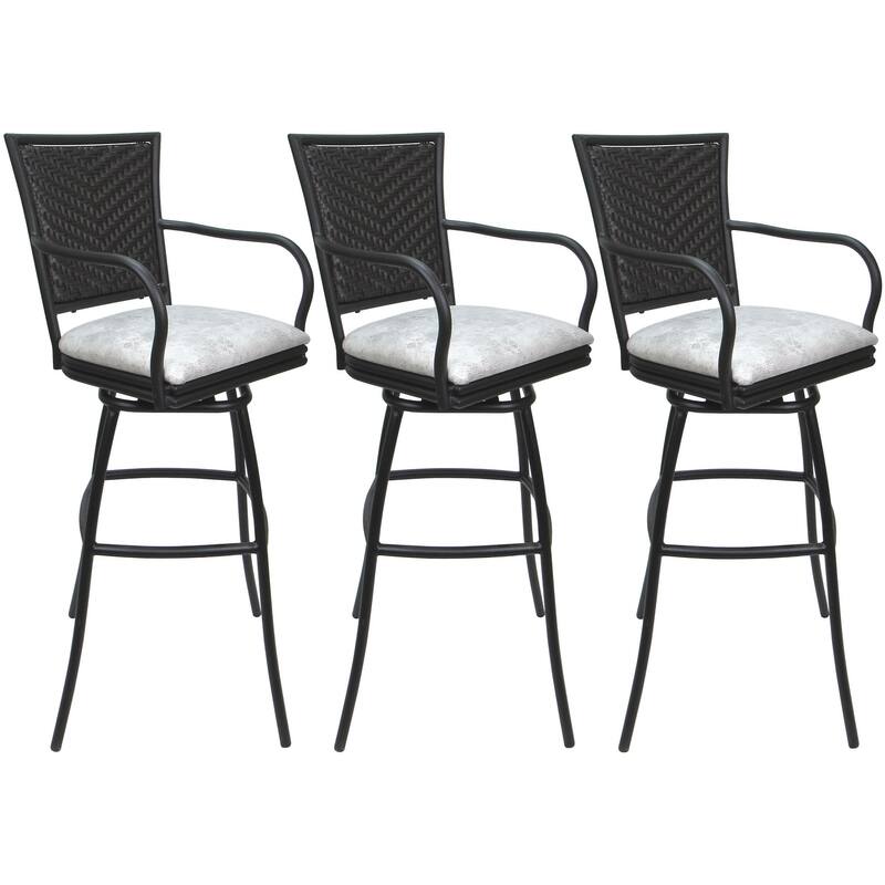 Set of 3 Outdoor Indoor Bar Stool Counter, Extra Tall - Erin with Arms - Ultra Hide White Vinyl - Gray - Bar Height