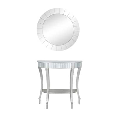 Wood Mirrored Panel Half Moon Console Table with Mirror - Set of 2 Silver - Roche River Decor - 14"W x 32"L x 32"H