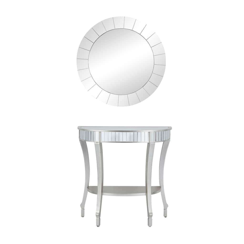 Wood Mirrored Panel Half Moon Console Table with Mirror - Set of 2 Silver - Roche River Decor - 14"W x 32"L x 32"H