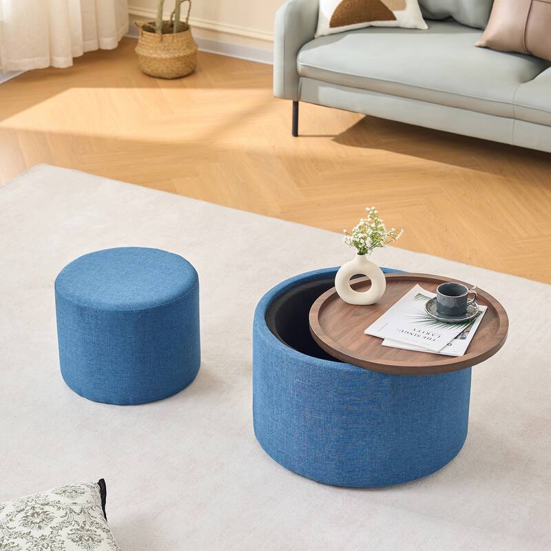 Ball & Cast Nesting Storage Ottomans of 2, Linen Upholstered Footstool Wood Tray, 22.75" Round Coffee Table