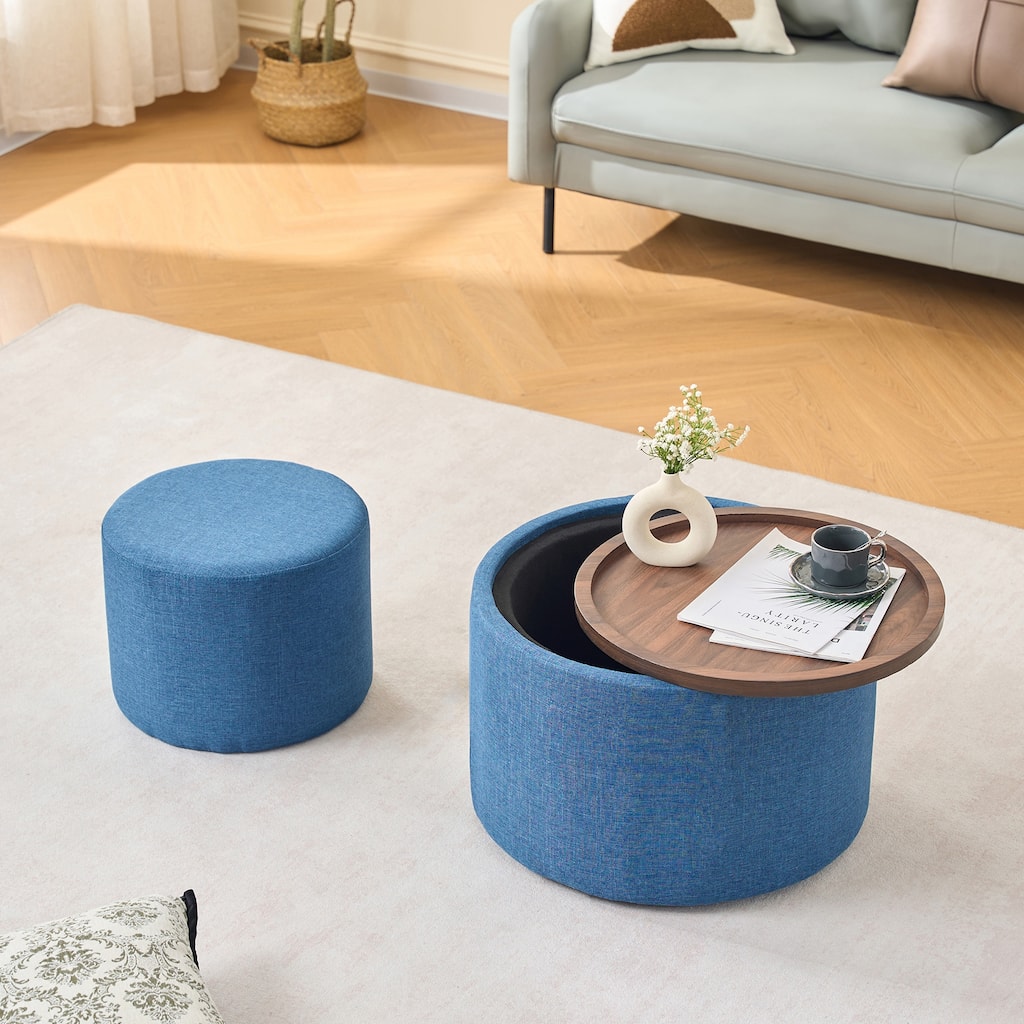 Ball & Cast Nesting Storage Ottomans of 2, Linen Upholstered Footstool Wood Tray, 22.75" Round Coffee Table
