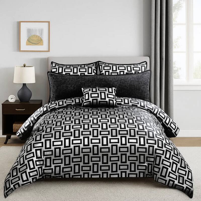 6 Piece Polyester Queen Comforter Set with Geometric Print, Gray and Black