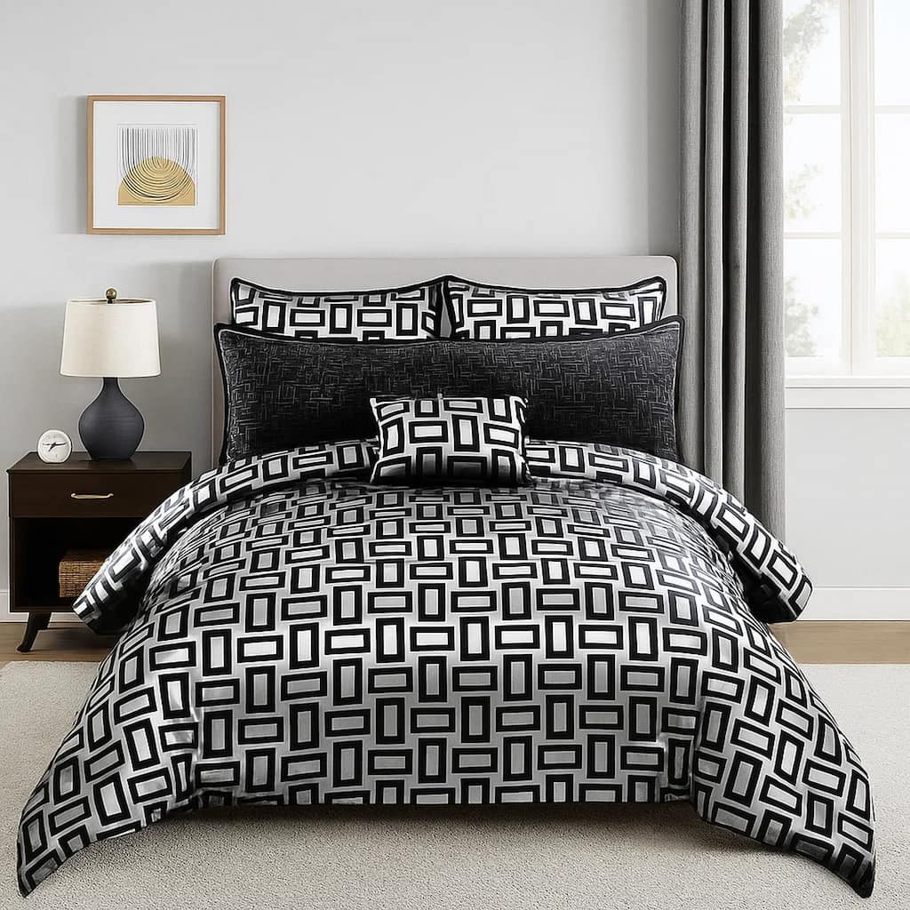 6 Piece Polyester Queen Comforter Set with Geometric Print, Gray and Black