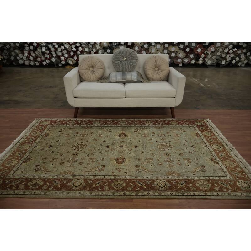 Hand Knotted Oriental 100% Wool Carpet Transitional Floral Green Oushak Area Rug - 8' 0'' X 5' 1''