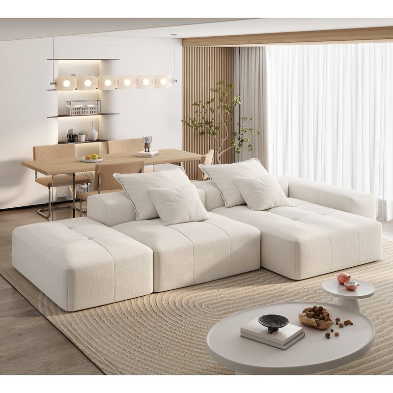 Oversized Floor Sectional Sofa with Ottoman & Chaise Lounge, Chenille Fabric Modular Couch with 4 Pillows for Living Room - Beige