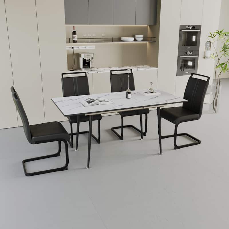 Modern Dining Set with Rectangular Extendable Table & High Back C-shaped Tube Chairs