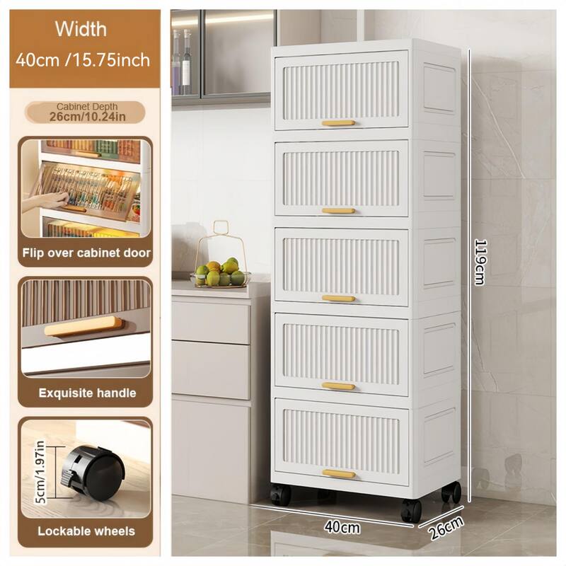 Kitchen Cabinet, Flip Open Storage Box With Wheels, Movable Storage Cabinet, Kitchen Shelf, Movable Storage Box-White