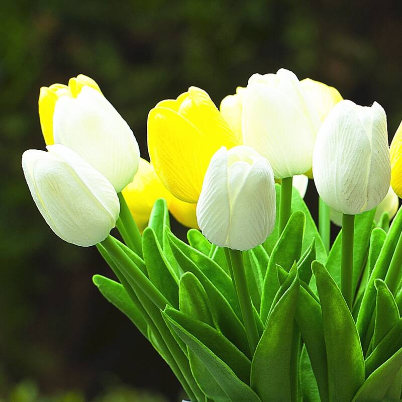 Enova Home 20 Pieces Artificial Real Touch Tulips Fake Silk Flowers Arrangement in Glass Vase with Faux Water for Home Decor