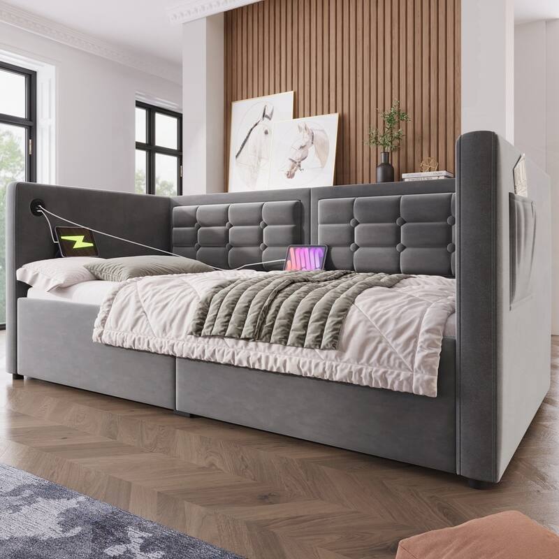 Hydraulic Storage Twin Bed Frame with Wooden Slats and Tufted Sofa Back
