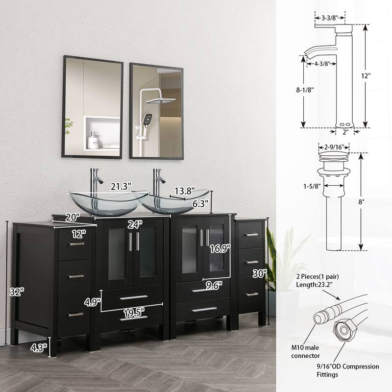 72" Bathroom Vanity Set Glass Ceramic Vessel Sink Side Cabinet Combo