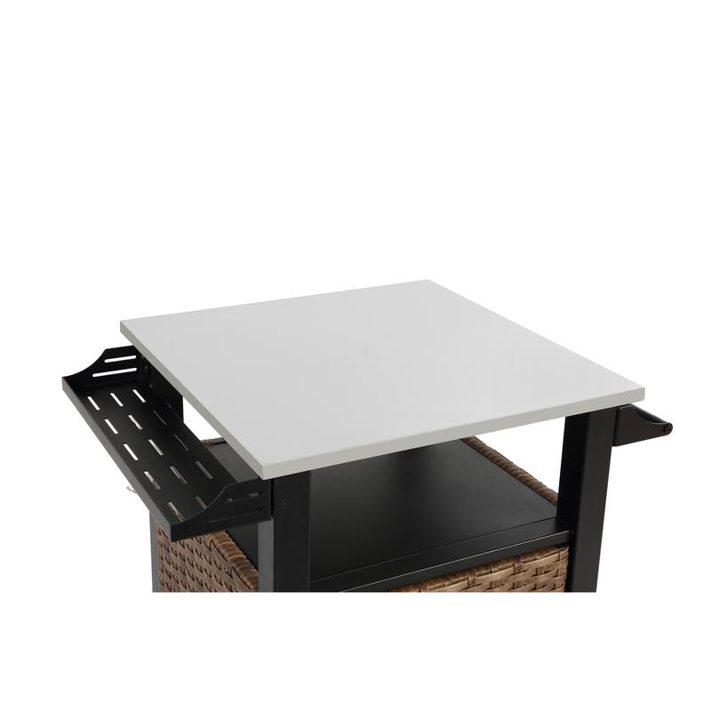 Outdoor Wicker Kitchen Island Storage Cart, Stainless Steel Extended Table Top Rolling Single Door Bar Cart, BBQ Preparation Car