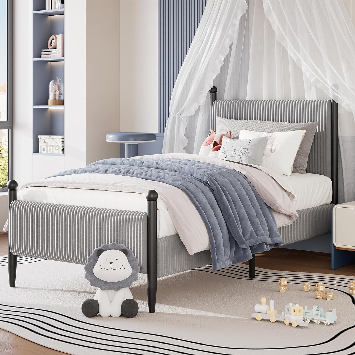 Bed Frame with Vertical Stripes headboard,Bedroom Platform Bed,Vintage Metal Legs,No Box Spring Needed,Easy to assemble