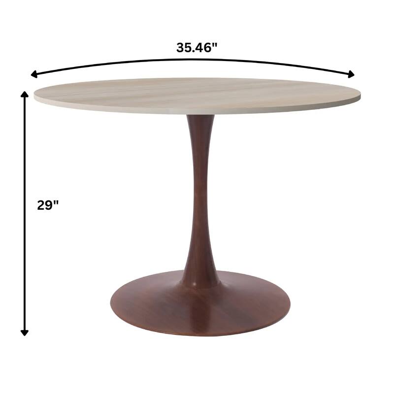 Bristol 35" Round Dining Table with Sintered Stone Top and Walnut Steel Pedestal Base for Modern Kitchen and Dining Room
