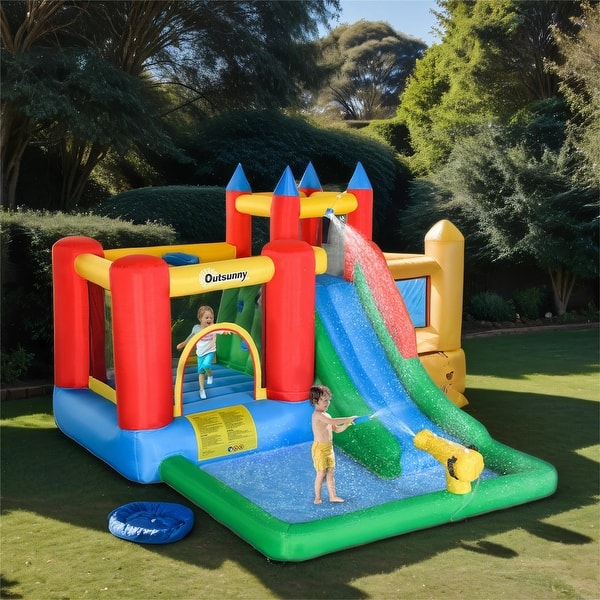 slide 2 of 7, 6-in-1 Kids Inflatable Bounce House with Pool, Water Cannon, Inflator Kids